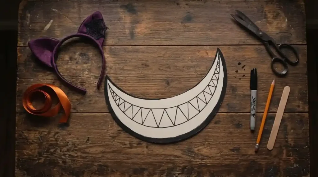 Sonrisa de cartulina con dientes afilados dibujados con rotulador negro
