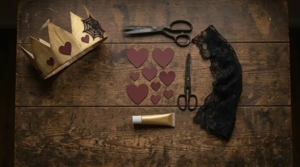 Corona dorada con corazones granate y telaraña de encaje en uno de los picos
