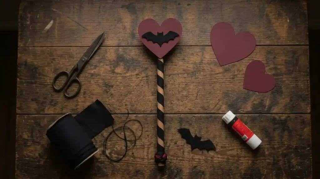 Cetro con palo forrado de tela negra, corazón granate y murciélago de fieltro