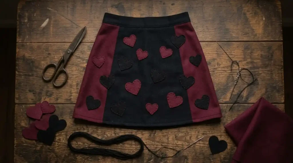 Falda negra y granate con corazones de fieltro cosidos
