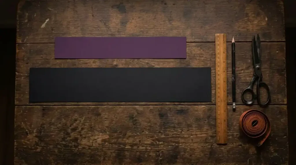 Tiras de cartulina negra y morada cortadas para la copa del sombrero