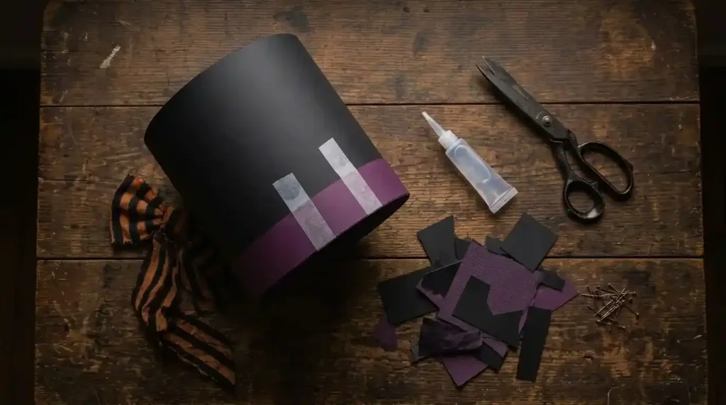Cilindro de cartulina negra y morada pegado y sujeto con cinta