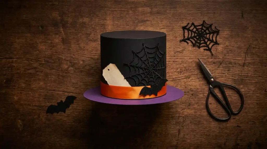 Sombrero terminado con cinta naranja, telaraña, murciélago de fieltro y etiqueta de papel