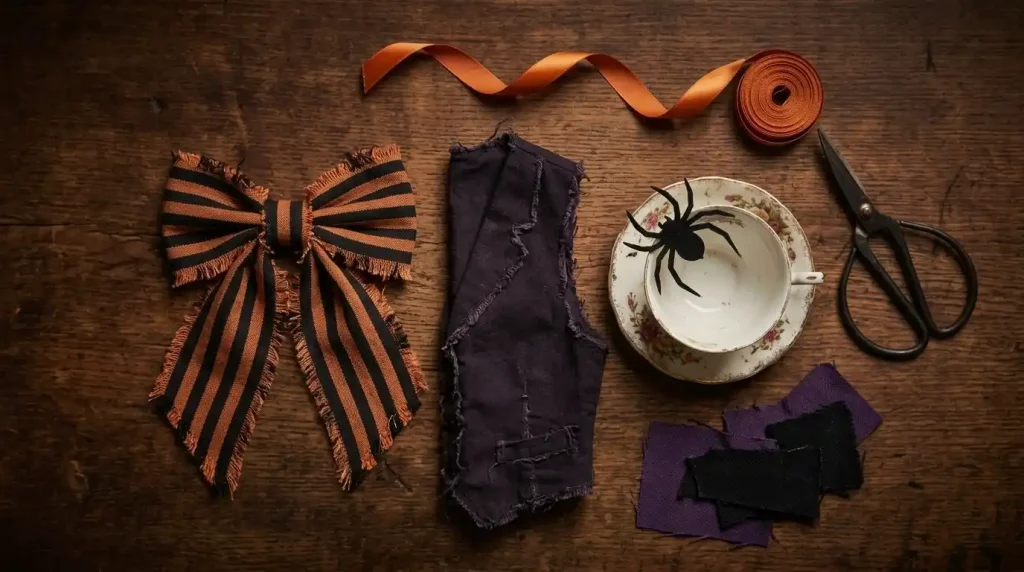 Pajarita de rayas negras y naranjas, chaleco oscuro y taza de té con araña de fieltro