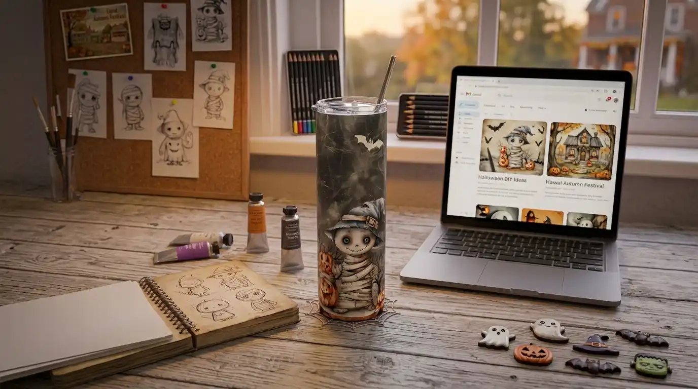 Vaso Halloween Dulce Momia sobre el escritorio